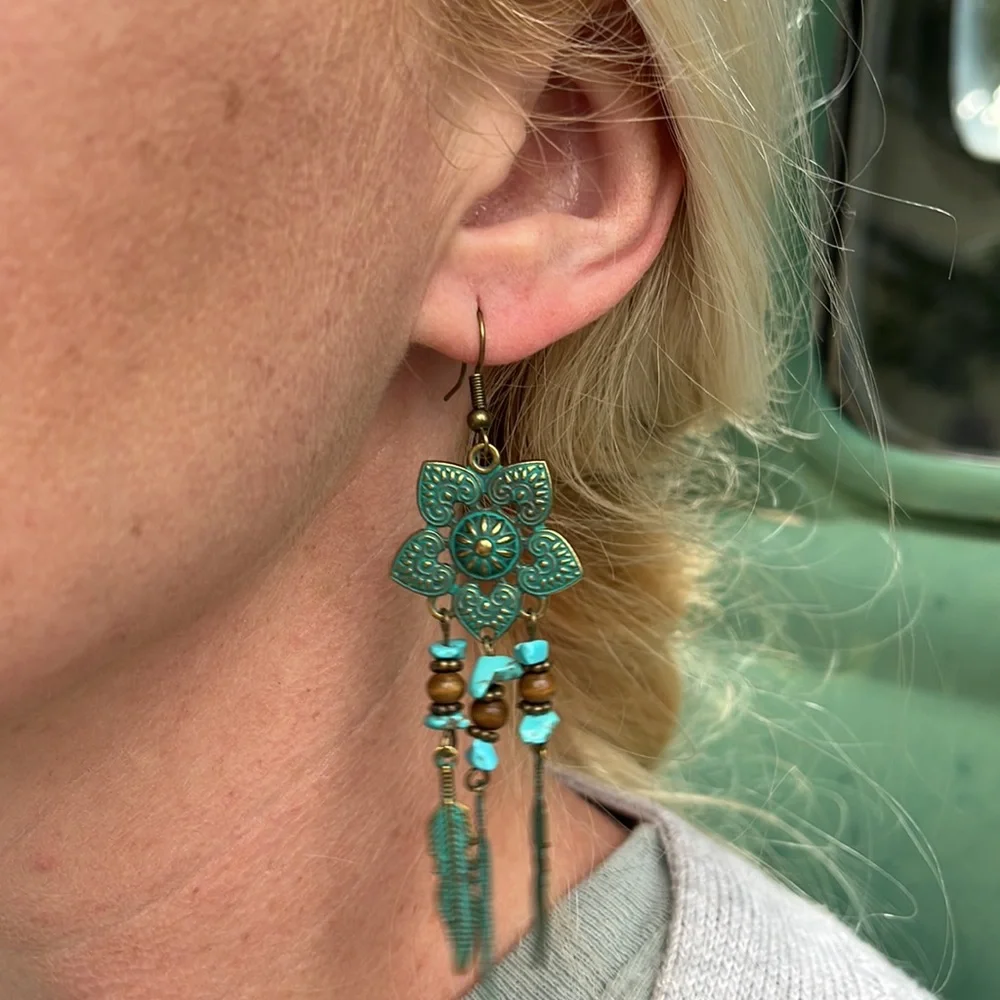 Boho Gypsy Stamped Metal Patina Drop Earrings - Picture 12 of 13